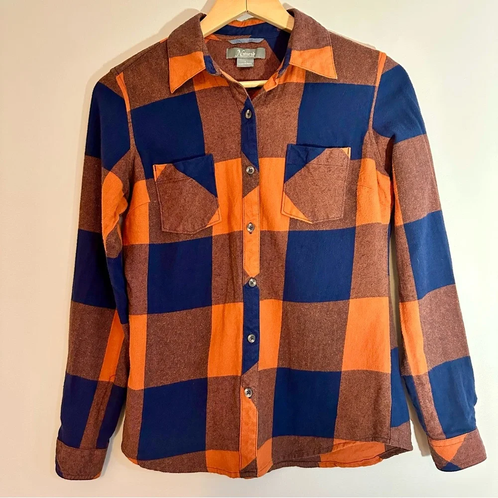 Natural Reflections Plaid Button-up Flannel Shirt, Navy and Burnt Orange, Small - Picture 1 of 9